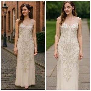 NWT ADRIANNA PAPELL Ivory Gold Beaded Embellished Illusion Maxi Gown Size 4